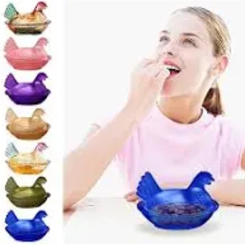 New Set of 9 Multi Colored plastic 5” Hen on Nest Dish with Lid,  Candy Dish wi